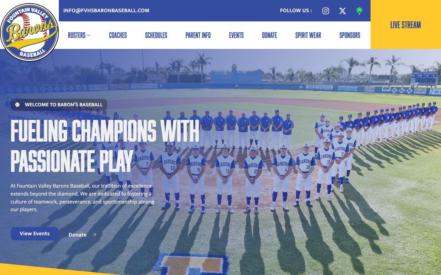 Fountain Valley Barons Baseball website screenshot